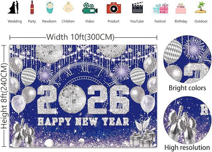 Happy New Year 2026 Black Gold Backdrop 2026 New Year Eve Countdown Photo Background Cheer to 2026 Party Decoration Banner Photo Supplies (Blue, 120x96inch (10x8FT))