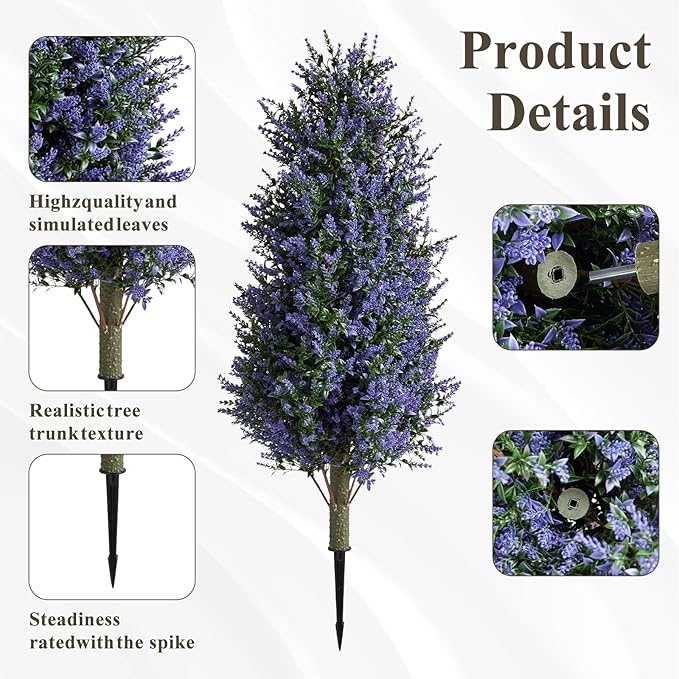 Christmas Artificial Lavender Cone Topiary Trees with Spike, 2 Pack UV Resistant & Anti Lodging Artificial Shrubs, 3FT Fake Evergreen Artificial Plant Brush for Indoor Outdoor Front Porch Garde