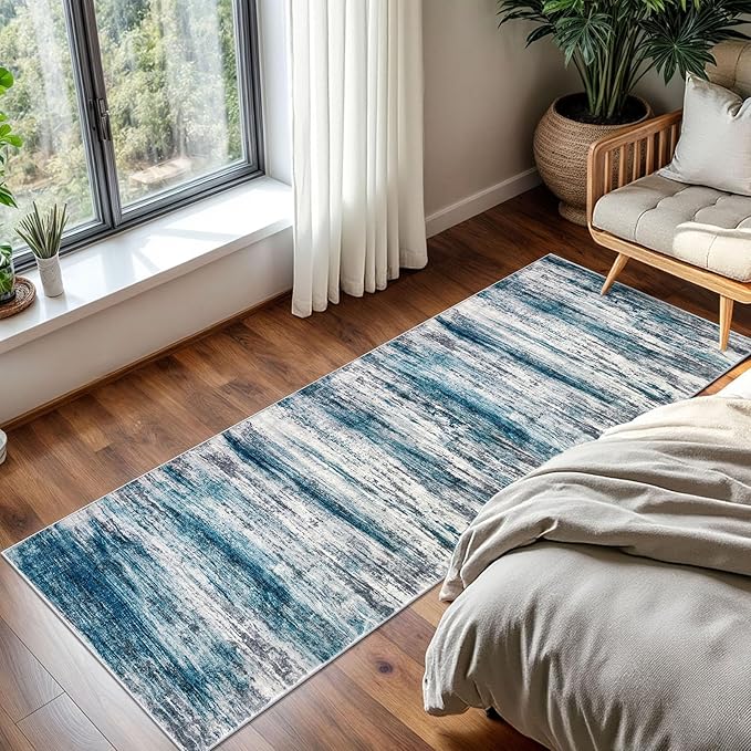 KOZYFLY Modern Abstract Hallway Runner Rug, 2x5 Washable Rug Runner Non-Slip Soft Striped Kitchen Runner Rugs, Print Blue Carpet Runner for Entryway Bathroom Laundry Room Foyer