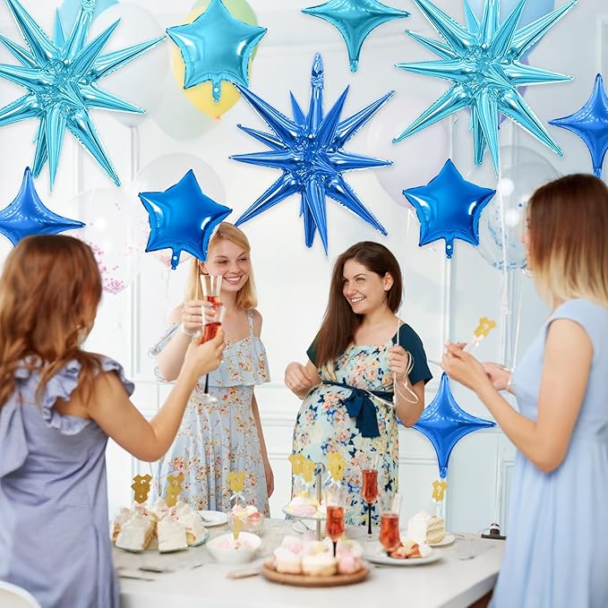 Blue Star Balloon,16Pcs Light Blue Star Foil Balloons Set with 22Inch Explosion Spike Cone Balloons and 10Inch Quadrangle Helium Balloon for Birthday Wedding Baby Shower Party Decorations