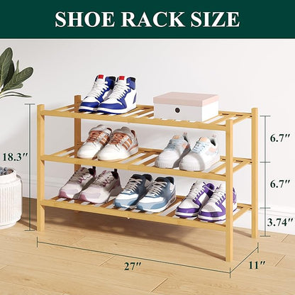 Smiry Bamboo Shoe Rack for Closet, 3 Tier Wooden Stackable Shoe Organizer, Free Standing Shoes Storage Shelf for Entryway, Front Door Entrance, Natural & Black