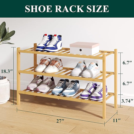 Smiry Bamboo Shoe Rack for Closet, 3 Tier Wooden Stackable Shoe Organizer, Free Standing Shoes Storage Shelf for Entryway, Front Door Entrance, Natural & Black