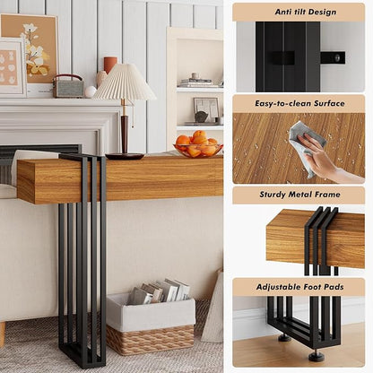 63 Inch Long Console Table, Industrial Sofa Table Behind The Couch Rectangular Entryway Table for Entrance Hallway Living Room, Rustic Brown