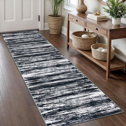 KOZYFLY Modern Abstract Hallway Runner Rug, 2x8 Washable Rug Runner Non-Slip Soft Striped Kitchen Runner Rugs, Black Navy Blue Grey Carpet Runner for Entryway Bathroom Laundry Room Foyer
