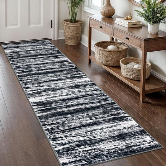 KOZYFLY Modern Abstract Hallway Runner Rug, 2x8 Washable Rug Runner Non-Slip Soft Striped Kitchen Runner Rugs, Black Navy Blue Grey Carpet Runner for Entryway Bathroom Laundry Room Foyer