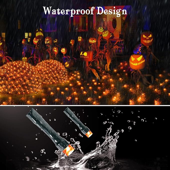 BlcTec Halloween Lights 200 LED 8.2ft x 4.9ft Orange Net Lights with 8 Modes, UL Certified, Timer, Connectable, Waterproof, Dark Green Wire for Trees, Bushes, Shrub, Lawn Halloween Decorations Outdoor