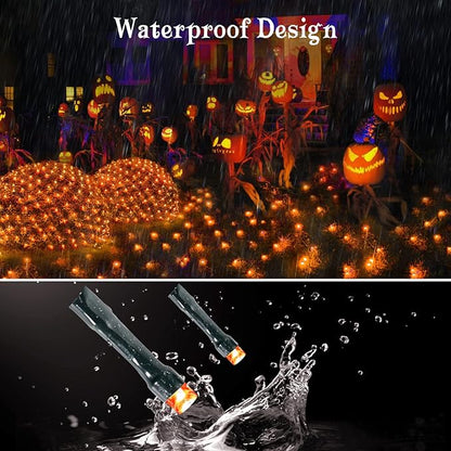 BlcTec Halloween Net Lights 360 LED 9.8ft x 6.6 Orange Halloween Lights with 8 Modes, Timer, Connectable, Waterproof & Dark Green Wire Design for Lawn, Porch, Shrub, Bushes Outdoor Holiday Decorations