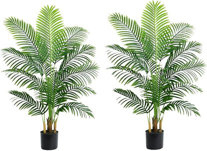 2 Pack Artificial Palm Tree 4FT Artificial Plants Indoor Tropical Fake Palm Tree Areca Floor Plant in Black Pot with 13 Trunks & Real Bark Design, Faux Palm Plant for Outdoor Patio Home Office Decor