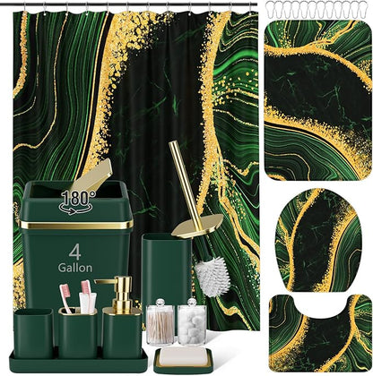 25PCS Bathroom Accessory Set, Dark Green Bathroom Set with Large-Capacity 4 Gallon Trash Can,Bathroom Rugs Set, Waterproof Shower Curtain, Toilet Brush, Toothbrush Holder & Soap Dispenser
