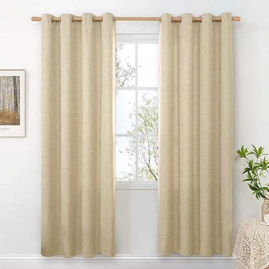 BGment Beige Linen Semi Sheer Curtains 80 Inches Long 2 Panels for Living Room, Light Filtering Window Treatments Drapes Textured No See Through for Bedroom, Each 52 Inch Wide