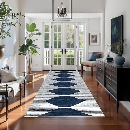 HelloTree Hallway Runner Rug，2x8 Moroccan Modern Stripe Carpet Washable Machine Bathroom Runner Bohemian Design Modern Soft Non Slip Indoor Rug for Entryway Hallway Laundry Room Bedroom-Blue