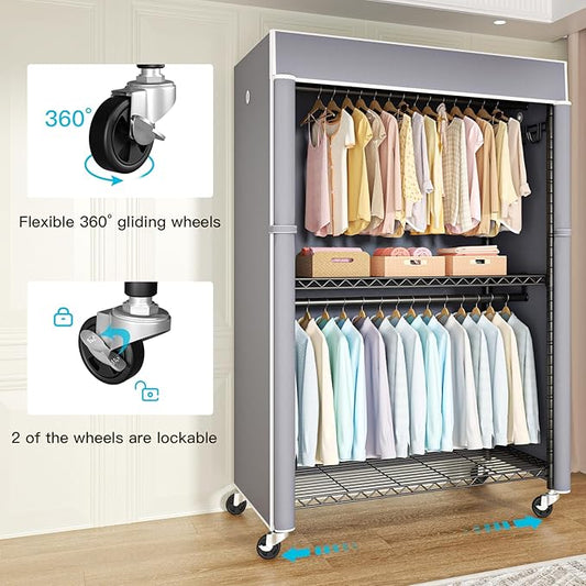Black Clothing Rack with Grey Cover, P1C Plus Rolling Closets with Wheels, Metal Garment Rack for Hanging Clothes, Clothing Storage Wardrobe, 46" W x 18.5" D x 80.7" H, Load 524 Pounds
