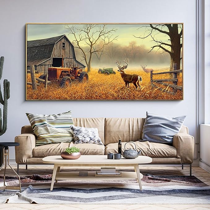 XLSJERST Extra Large Deer Wall Art for Living Room Canvas Prints Decor Decoration Country Tractor Rustic Wildlife Cabin Hunting Picture Glass Surface Artwork Ready to Hang for Bedroom Home Office