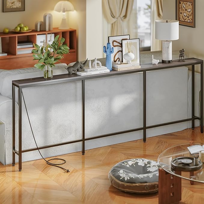 86.6" Behind Couch Table with Fast Charging Station, 7.1" Narrow Skinny Sofa Table with 2 Power Outlets, 2 USB-A, USB-C for Console Entryway, Black Oak
