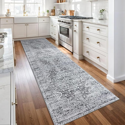 KUTA Vintage Kitchen Runner Rug, 2.6x10 Vintage Grey Blue White Washable Hallway Rugs Non-Slip Ultra Soft Printed Floral Medallion Farmhouse Floor Carpet for Bedroom Living Room Nursery