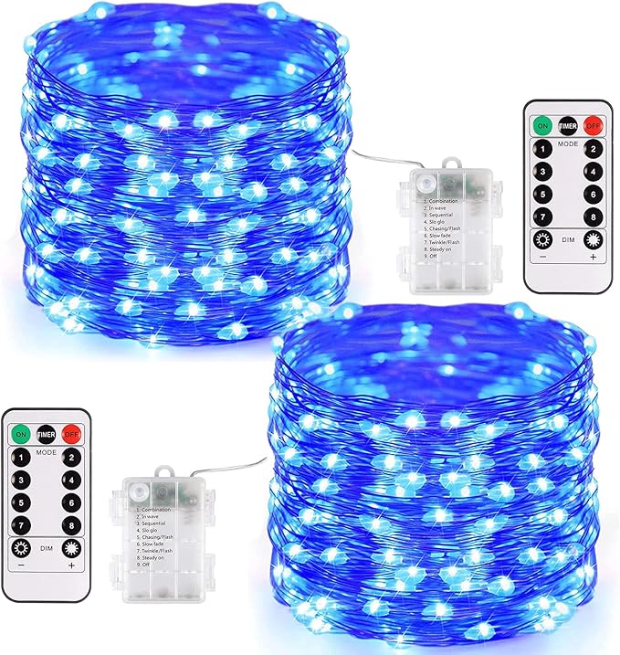 JMEXSUSS 2 Pack Blue Fairy Lights Battery Operated, Total 400 LED 132ft Christmas Fairy Lights with Remote, 8 Modes Blue String Lights for Christmas Tree Bedroom Xmas Wreath Patio Fireplace Decor