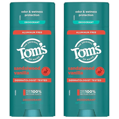Tom’s of Maine Sandalwood Vanilla Aluminum Free Natural Deodorant For Women & Men | Goes on Clear | Odor & Wetness Protection | Naturally Derived and Moisture-Locking Ingredients | 3.25 oz (2 Pack)