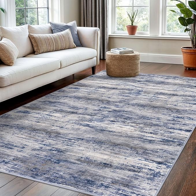 KOZYFLY 4x6 Area Rug Modern Ombre Washable Rugs for Bedroom Non-Slip Soft Striped Living Room Rugs, Print Grey-Blue Abstract Carpet for Laundry Nursery