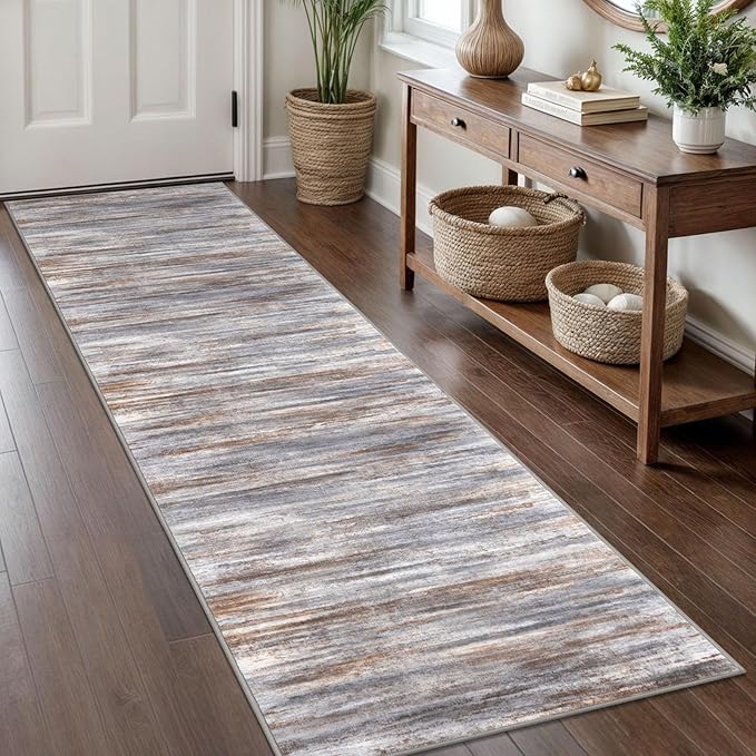 KOZYFLY Modern Abstract Hallway Runner Rug, 2x8 Kitchen Rugs Non-Slip Washable Soft Striped Kitchen Runner Rugs, Print Grey Brown Carpet Runner for Entryway Bathroom Laundry Room Foyer