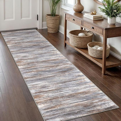 KOZYFLY Modern Abstract Hallway Runner Rug, 2x8 Kitchen Rugs Non-Slip Washable Soft Striped Kitchen Runner Rugs, Print Grey Brown Carpet Runner for Entryway Bathroom Laundry Room Foyer