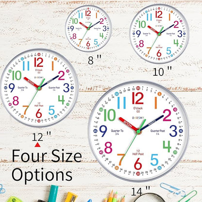 Wall Clock for Kids Learning to Tell Time Easily Non Ticking Battery Operated Kids Teaching Clock Silent Colorful Teaching Time Clock Decorative for Kids Room Classroom School (12 Inch)