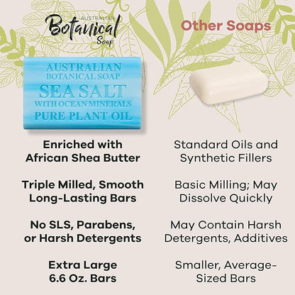 Australian Botanical Soap, 6.6 OZ, Sea Salt and Ocean Minerals, Triple Milled Bars made with a Natural Soap Base and Enriched with Organic Shea Butter, Pack of 8