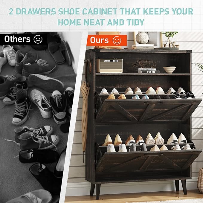 Vabches Shoe Storage Cabinet with 2 Flip Drawers,Freestanding Narrow Shoe Organizer with Open Storage,Hidden Slim Shoe Rack Cabinet for Entryway,Dark Rustic Oak (2 Pack)