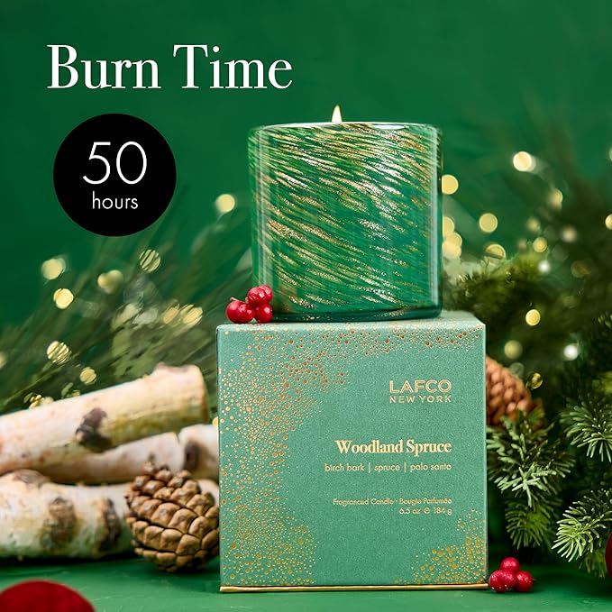 LAFCO New York Holiday Classic Candle, Woodland Spruce - 6.5 oz - 50-Hour Burn Time - Reusable, Hand Blown Glass Vessel - Made in The USA