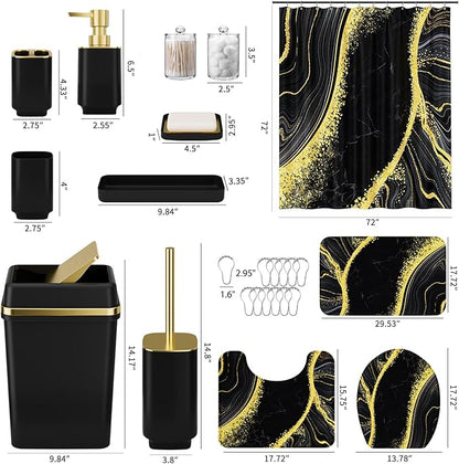 25PCS Bathroom Accessory Set, Black Bathroom Set with Large-Capacity 4 Gallon Trash Can,Bathroom Sets with Shower Curtain and Rugs, Bathroom Rugs Set, Home Decor