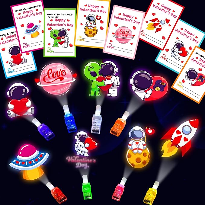 24 Pack Valentine's Day Space Gifts for Kids, Valentines Cards with LED Finger Lights Glow in the Dark, Classroom Exchange Prize, Goodie Bag Stuffers, Valentine Party Favors for Boys Girls