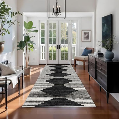 HelloTree Hallway Runner Rug，2.3x5.3 Moroccan Modern Stripe Carpet Washable Machine Bathroom Runner Bohemian Design Modern Soft Non Slip Indoor Rug for Entryway Hallway Laundry Room Bedroom-Black