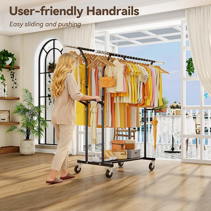 800LBS Heavy Duty Clothes Rack: Rolling Clothing Rack for Hanging Coat Double Rods Portable Wardrobe Garment Racks with Wheels Shelf Sturdy Metal Adjustable Bedroom Laundry Living Room (Black)