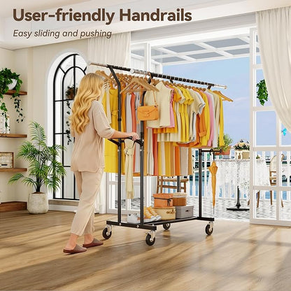 800LBS Heavy Duty Clothes Rack: Rolling Clothing Rack for Hanging Coat Double Rods Portable Wardrobe Garment Racks with Wheels Shelf Sturdy Metal Adjustable Bedroom Laundry Living Room (Black)