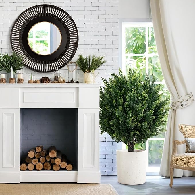 27.6" H Artificial Plants Outdoor Set of 2, Artificial Cypress Topiary Fake Plants, Realistic & UV-Resistant, Perfect for Indoor & Outdoor Decor, Easy to Install & Fade-Resistant