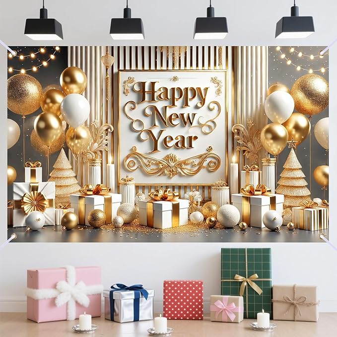 Nuxovilar Happy New Year Banner, Vintage Frame Golden Balloons Backdrop for Party Decorations, 71x43 Inch