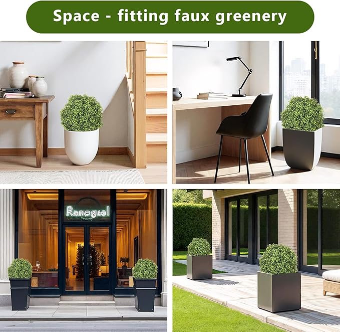 THE BLOOM TIMES 2ft Faux Boxwood Plants Outdoor Set of 2, 24" UV-Resistant Artificial Topiary Ball Trees, Fake Potted Greenery for Front Porch Planter, Patio Outside Decor
