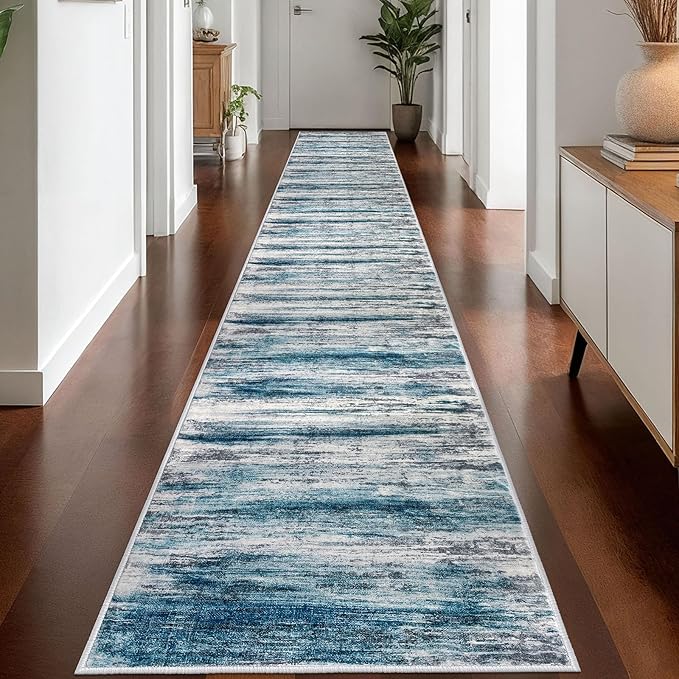 KOZYFLY Modern Abstract Hallway Runner Rug, 2.6x18 Washable Rug Runner Non-Slip Soft Striped Kitchen Runner Rugs, Print Blue Carpet Runner for Entryway Bathroom Laundry Room Foyer