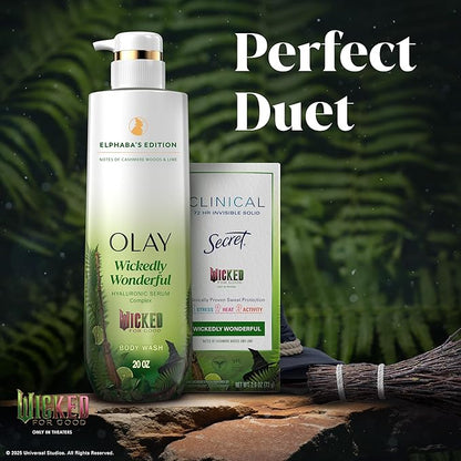 Olay Body Wash for Women, Wickedly Wonderful Elphaba’s Edition, Intensely Hydrating & Renewing, Pro-Hyaluronic Acid Serum with Vitamin B3, For All Skin Types, Cashmere Woods & Lime Scent, 20 fl oz
