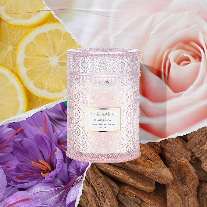 LA JOLIE MUSE Rose Noir & Oud Candle, 19 Oz, Pink Rose Scented Candle Gift, Wood Wicked Large Candles for Home Scented, Long Burning Time