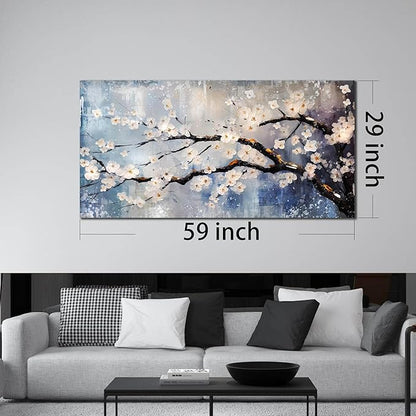 Plum Blossom Tree Wall Art - Blue Wall Decor - Asian Wall Art for Living Room Large Size Bedroom Office Pictures Size 29" x 59"