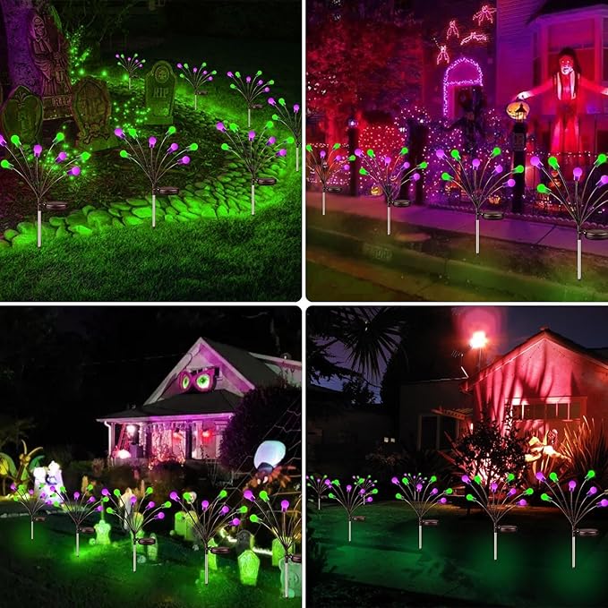 6Pack Total 48 LED Purple and Green Solar Halloween Lights Outdoor - Solar Firefly Lights Outdoor, Sway by Wind, Waterproof for Garden Patio Pathway Halloween Decorations