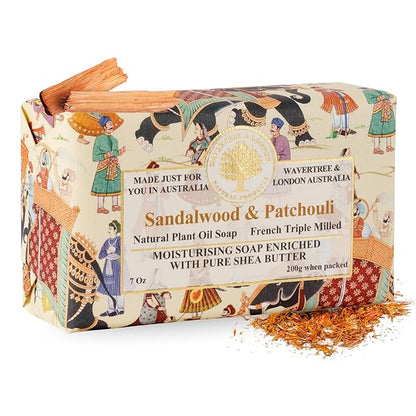 Wavertree & London Sandalwood Patchouli Scented Natural Soap Bar, 7oz Moisturizing French Triple Milled Soap Bar for Women & Men Enriched with Organic Shea Butter, Pure Bath & Body Soap (1 Bar)