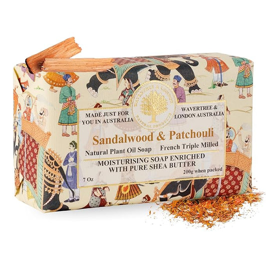 Wavertree & London Sandalwood Patchouli Scented Natural Soap Bar, 7oz Moisturizing French Triple Milled Soap Bar for Women & Men Enriched with Organic Shea Butter, Pure Bath & Body Soap (1 Bar)