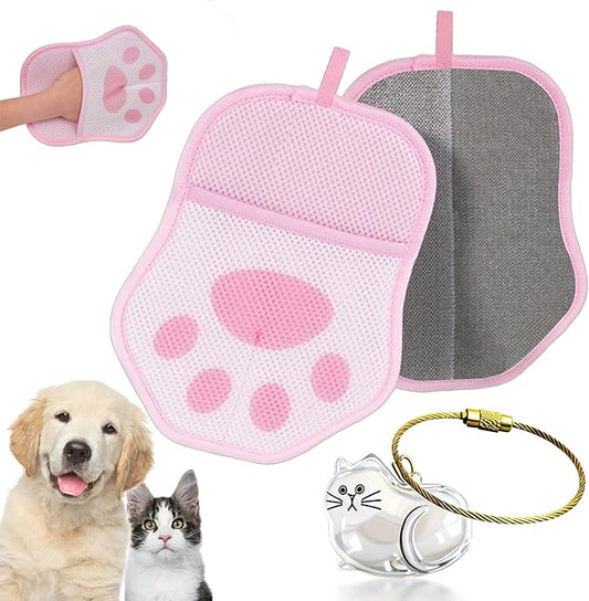 2025 Upgrade Electrostatic Pet Hair Removal Glove, A Reusable Pet Hair Remover Tool for Cats & Dogs, Clothing, Couches, Carpets, and Car Seats(Pink Glove, Cat Keychain)