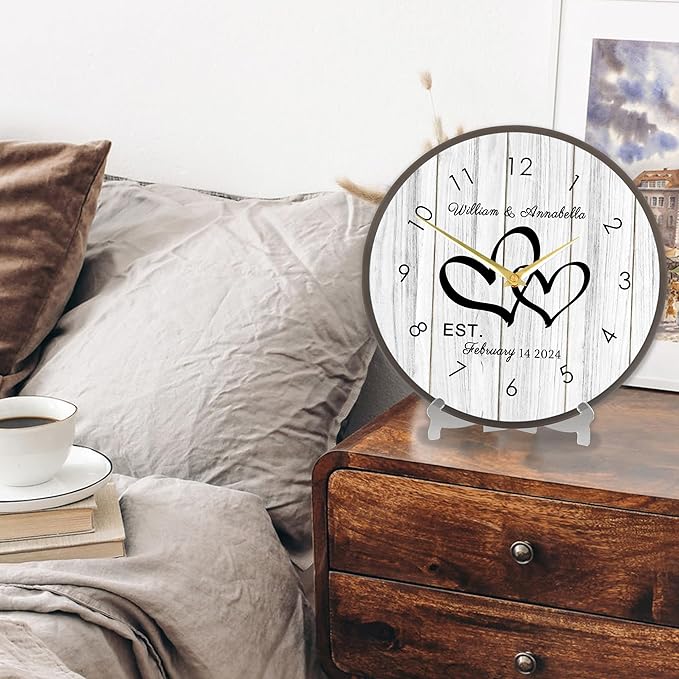 Personalized Couples Wall Clock with Name Date, Custom Farmhouse Wall Clock for Living Room Kitchen Bathroom, Home Decor Gifts for Christmas Birthday Valentine's Anniversary Wedding