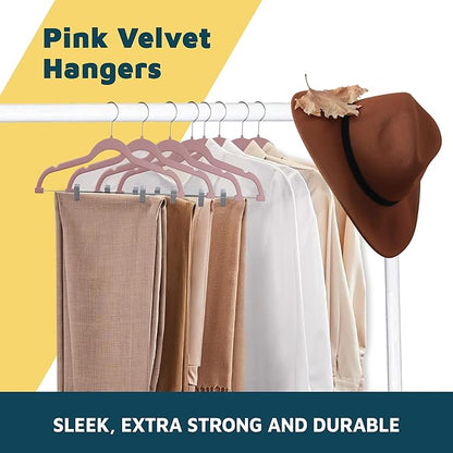 Velvet Pants Hangers – with Adjustable Clips, 360 Degree Swivel Hook, and Non-Slip Shoulder Notch, Holds Up to 10 lbs, for Organizing Skirt, Pants, Dress, and Clothes, Pack of 10, Pink