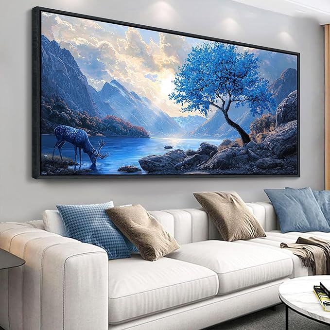 HKDGOKA Large Framed Canvas Wall Art, Blue Tree Mountains Landscape Paintings Artwork, Lake Stone Deer Abstract Modern Wall Picture for Living Room Bedroom Kitchen Farmhouse Home Decor 29x58 IN