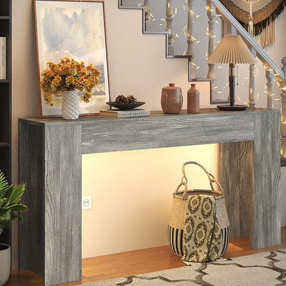 63-Inch Long Console Table with LED Light, Farmhouse Sofa Table Behind Couch, Wooden Console Table for Entryway Hallway Entrance Living Room, Gray