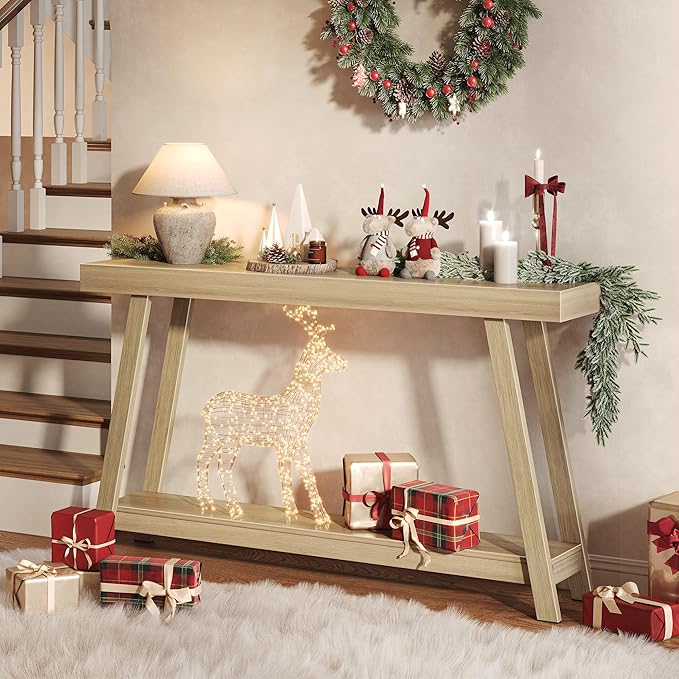 Huuger Console Table with Charging Station, USB-C Port, 2 Tiers Entryway Table, 53.9 Inch Sofa Table with Metal Legs, Entry Hallway Table with Thicker Desktop, Modern Behind Couch Table, Natural