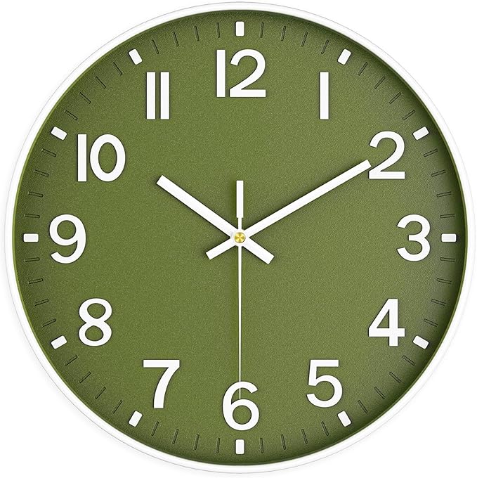 Wall Clocks Battery Operated, 12 Inch Non Ticking Wall Clock, Silent Analog Clock for Bedroom Living Room Kitchen Office Gym Classroom Decor, Large Number Clocks for Seniors, Olive Green